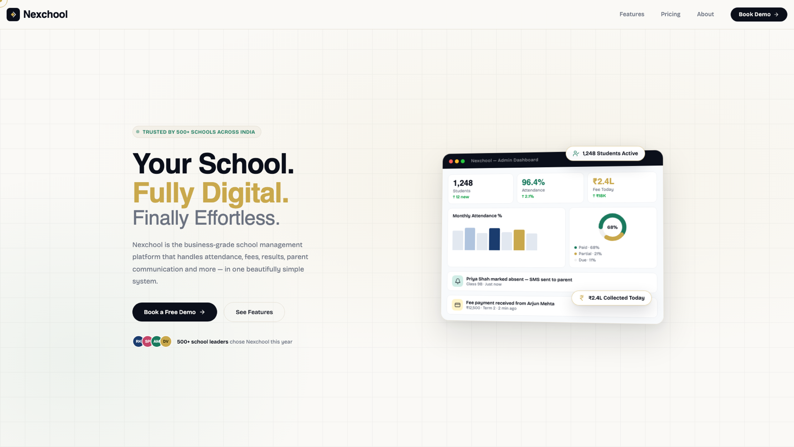 Nexchool marketing site — school management SaaS platform for institutions